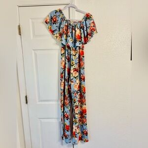 Pixi & Ivy Off-Shoulder Jumpsuit - Blue with various colors.